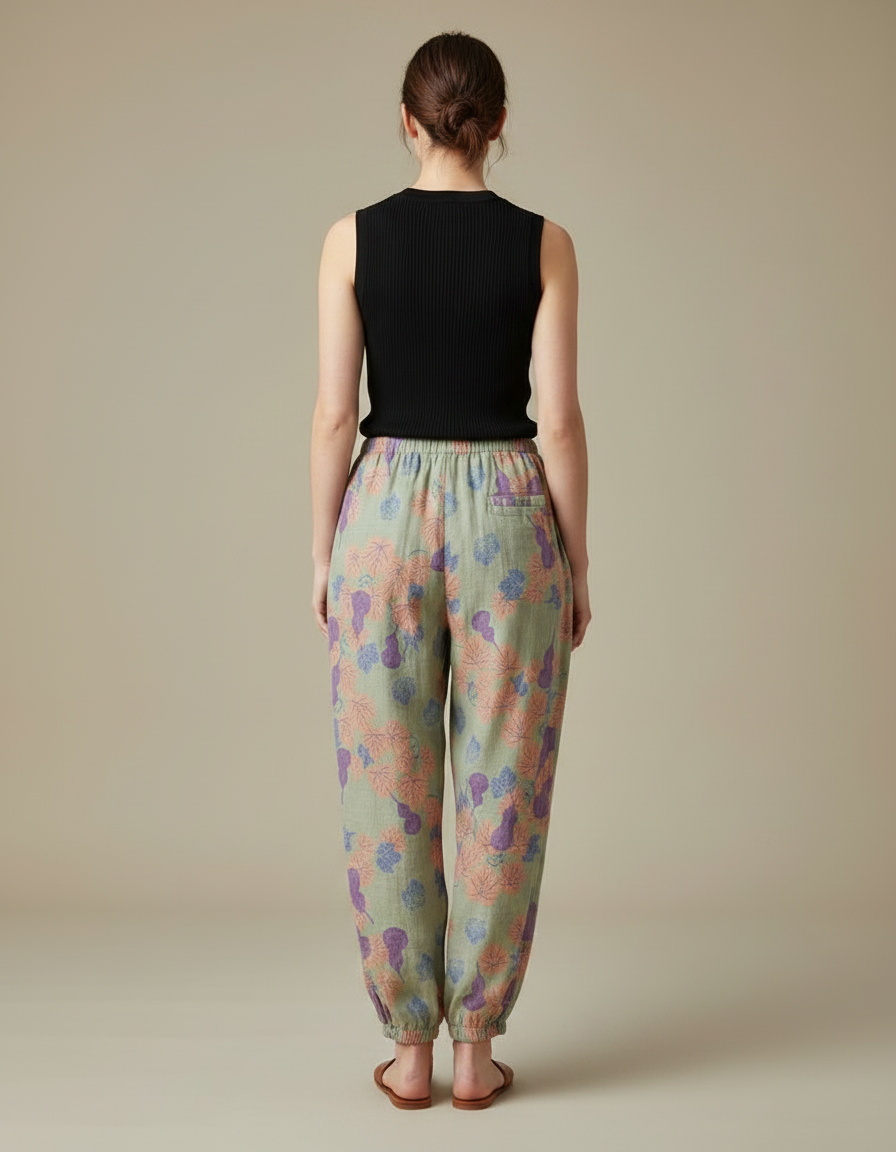 Pantalon Fluide Vert Imprimé Floral Ample Coton Femme - vue 2