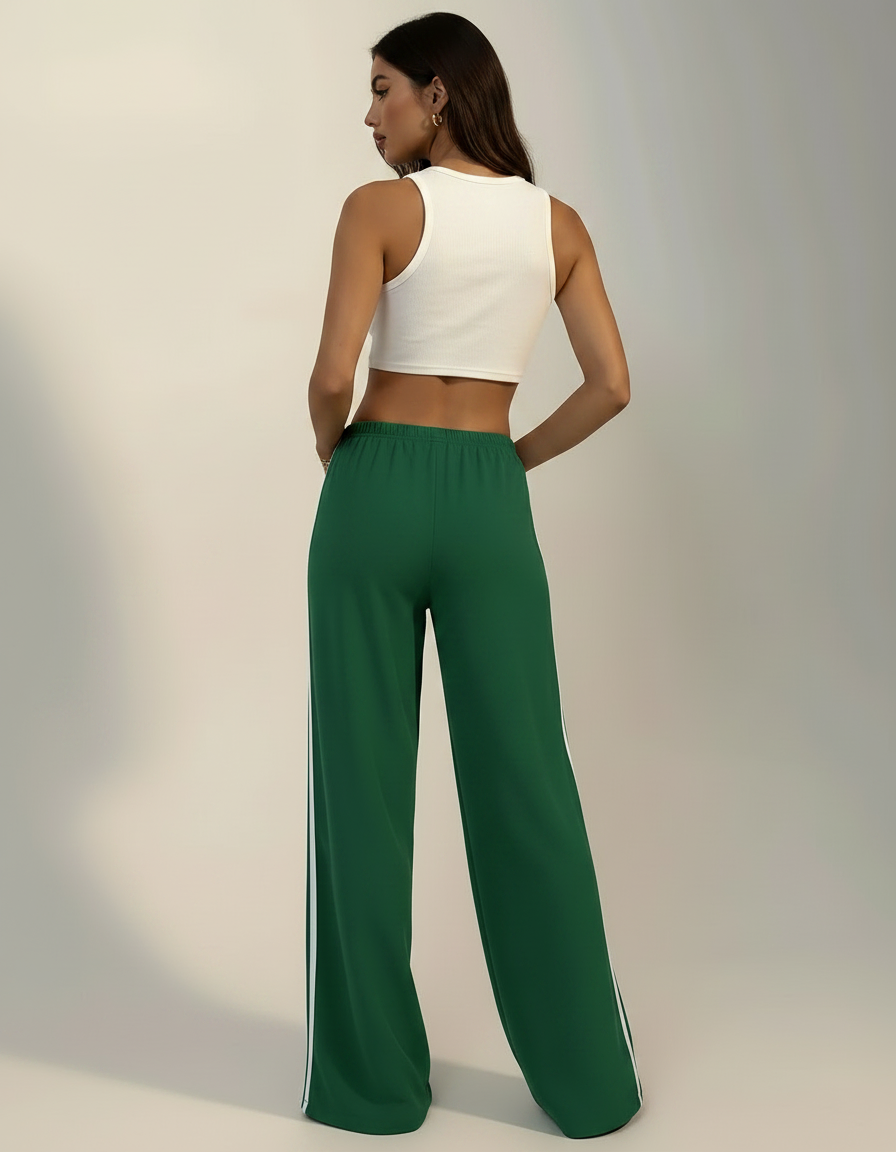 Pantalon Fluide Vert Ample Rayé Décontracté Femme - Polyester - vue 2