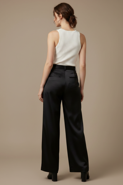 Pantalon Fluide Noir Satiné Ample Élégant Femme - vue 2
