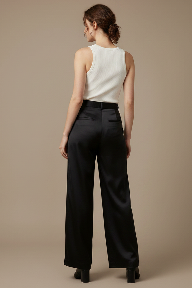 Pantalon Fluide Noir Satiné Ample Élégant Femme - vue 2