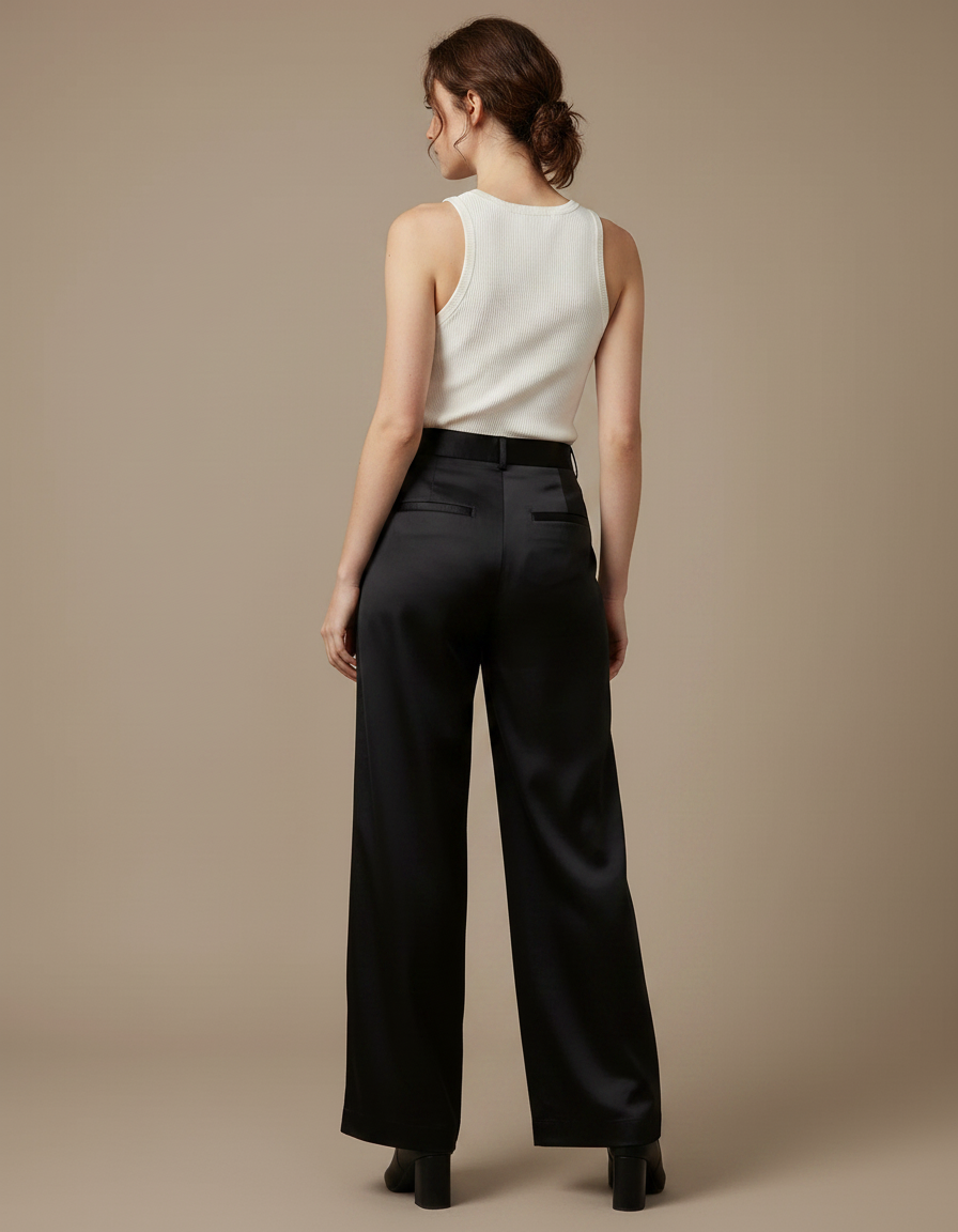 Pantalon Fluide Noir Satiné Ample Élégant Femme - vue 2