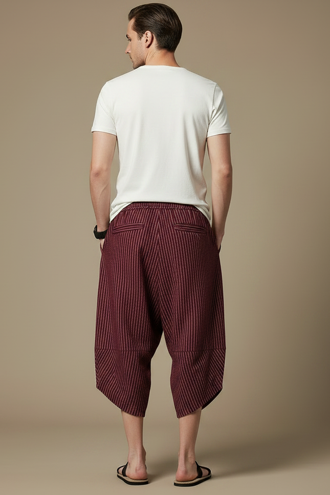 Pantalon Fluide Rayé Bordeaux Ample Coton Lin - vue 2