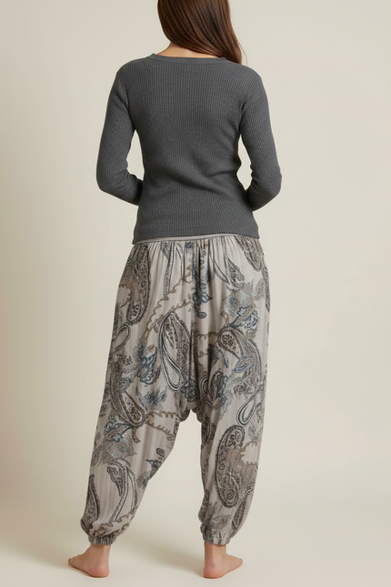 Pantalon Fluide Gris Paisley Ample Confortable Bohème - Viscose - vue 2