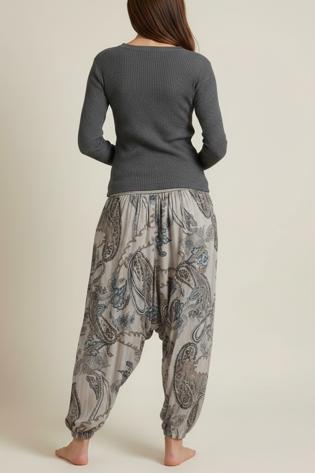 Pantalon Fluide Gris Paisley Ample Confortable Bohème - Viscose - vue 2