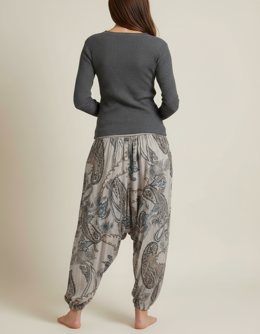 Pantalon Fluide Gris Paisley Ample Confortable Bohème - Viscose - vue 2