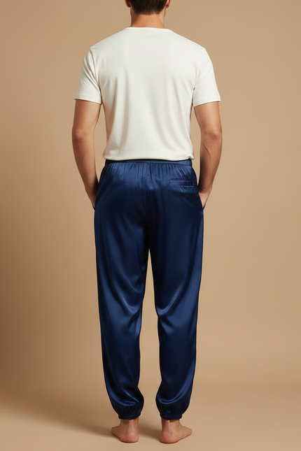 Pantalon Fluide Bleu Marine Satin Ample Élastique Homme - vue 2