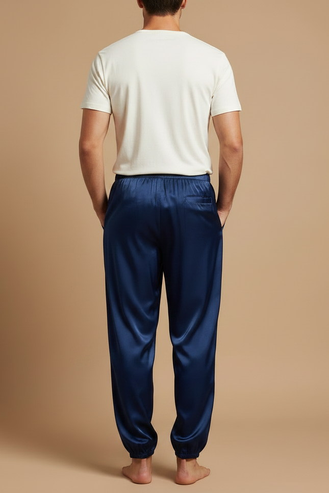 Pantalon Fluide Bleu Marine Satin Ample Élastique Homme - vue 2