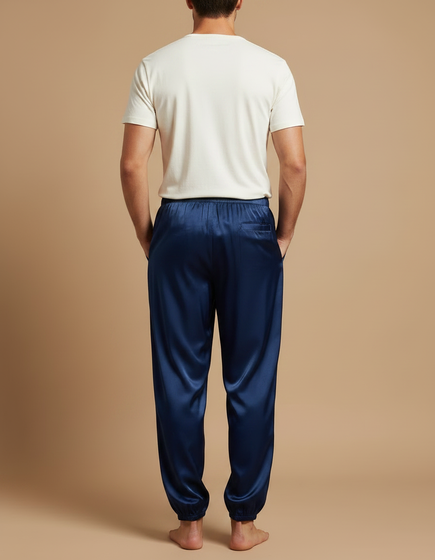 Pantalon Fluide Bleu Marine Satin Ample Élastique Homme - vue 2
