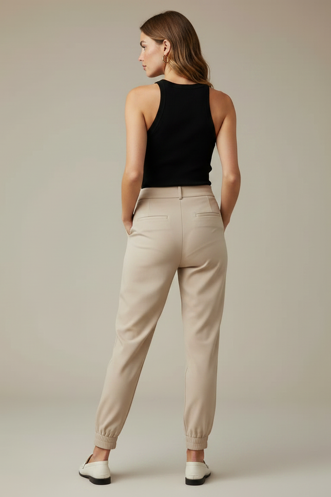 Pantalon Fluide Beige Élastiqué Chevilles Chic Femme - Polyester - vue 2