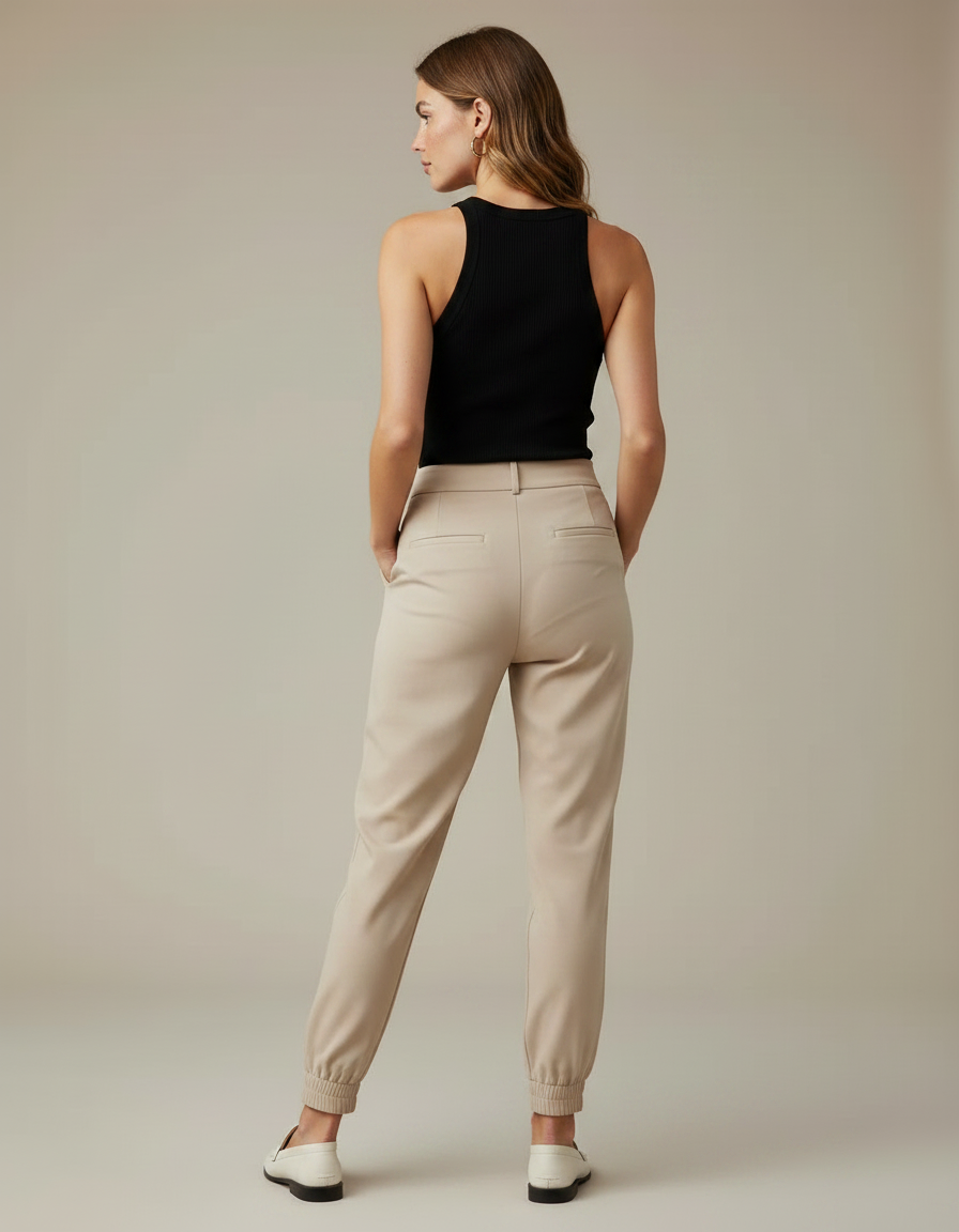 Pantalon Fluide Beige Élastiqué Chevilles Chic Femme - Polyester - vue 2