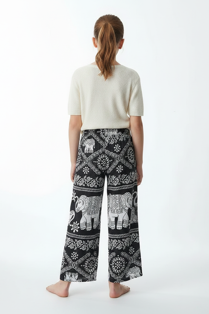 Pantalon Fluide Noir Ample Imprimé Éléphants Fille - Viscose - vue 2