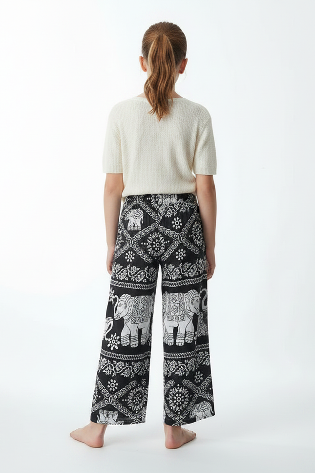 Pantalon Fluide Noir Ample Imprimé Éléphants Fille - Viscose - vue 2