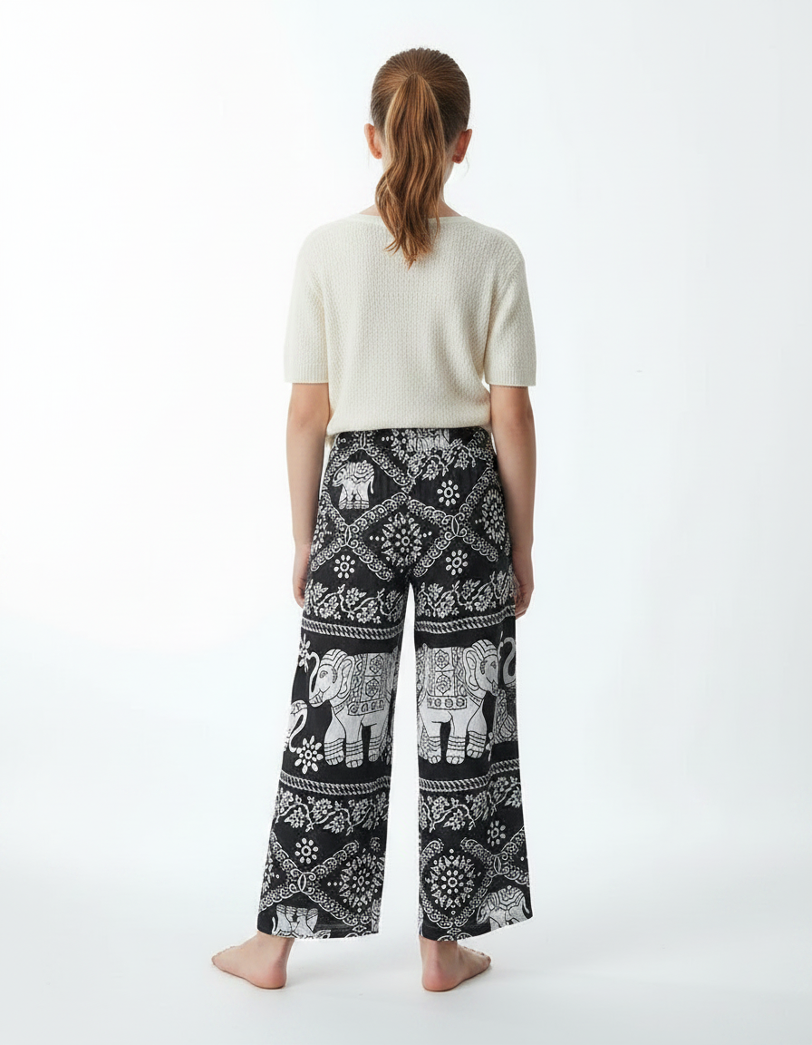 Pantalon Fluide Noir Ample Imprimé Éléphants Fille - Viscose - vue 2