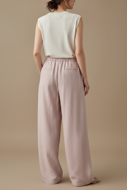 Pantalon Fluide Rose Lin Ample Taille Haute Décontracté - vue 2