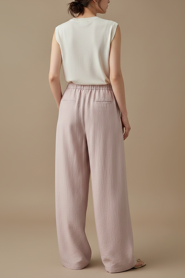 Pantalon Fluide Rose Lin Ample Taille Haute Décontracté - vue 2