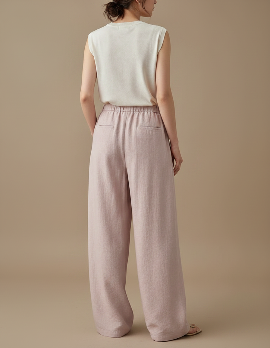 Pantalon Fluide Rose Lin Ample Taille Haute Décontracté - vue 2