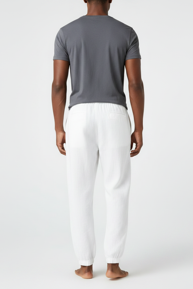Pantalon Fluide Blanc Lin Ample Décontracté Homme Cordon - vue 2