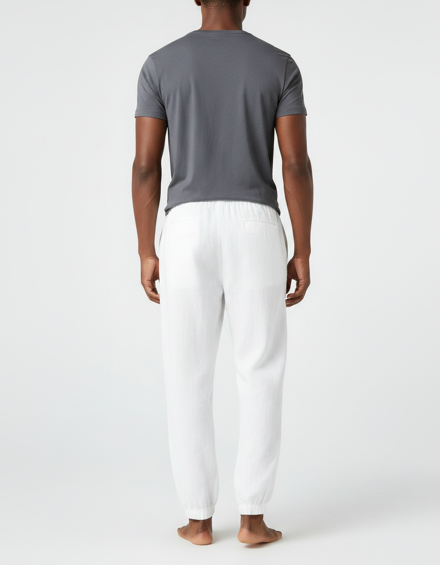 Pantalon Fluide Blanc Lin Ample Décontracté Homme Cordon - vue 2