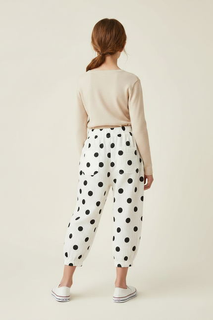 Pantalon Fluide Blanc Pois Noirs Ample Coton Enfant - Imprimé - vue 2