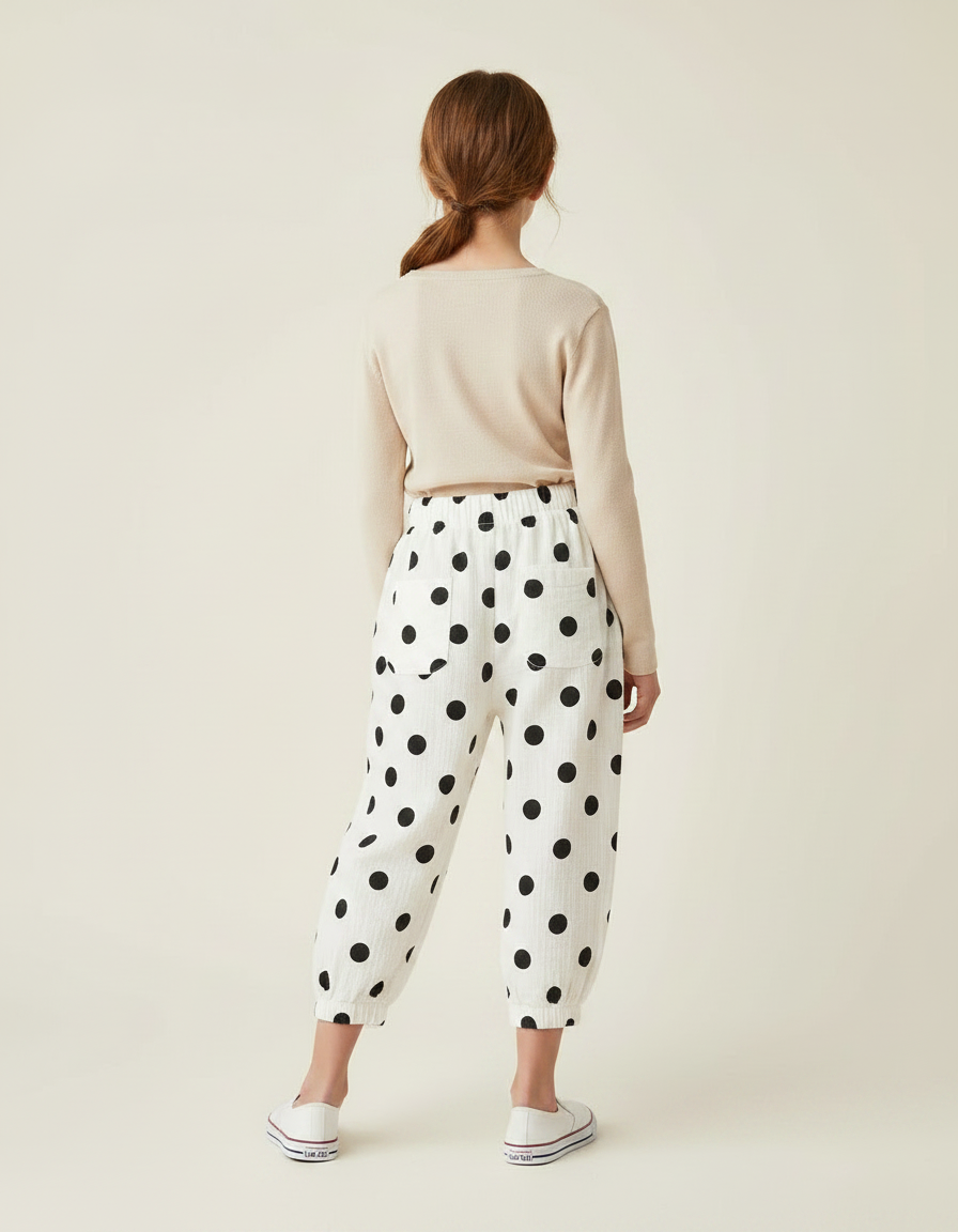 Pantalon Fluide Blanc Pois Noirs Ample Coton Enfant - Imprimé - vue 2