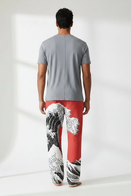 Pantalon Fluide Rouge Vagues Japonaises Ample Homme - Lin - vue 2