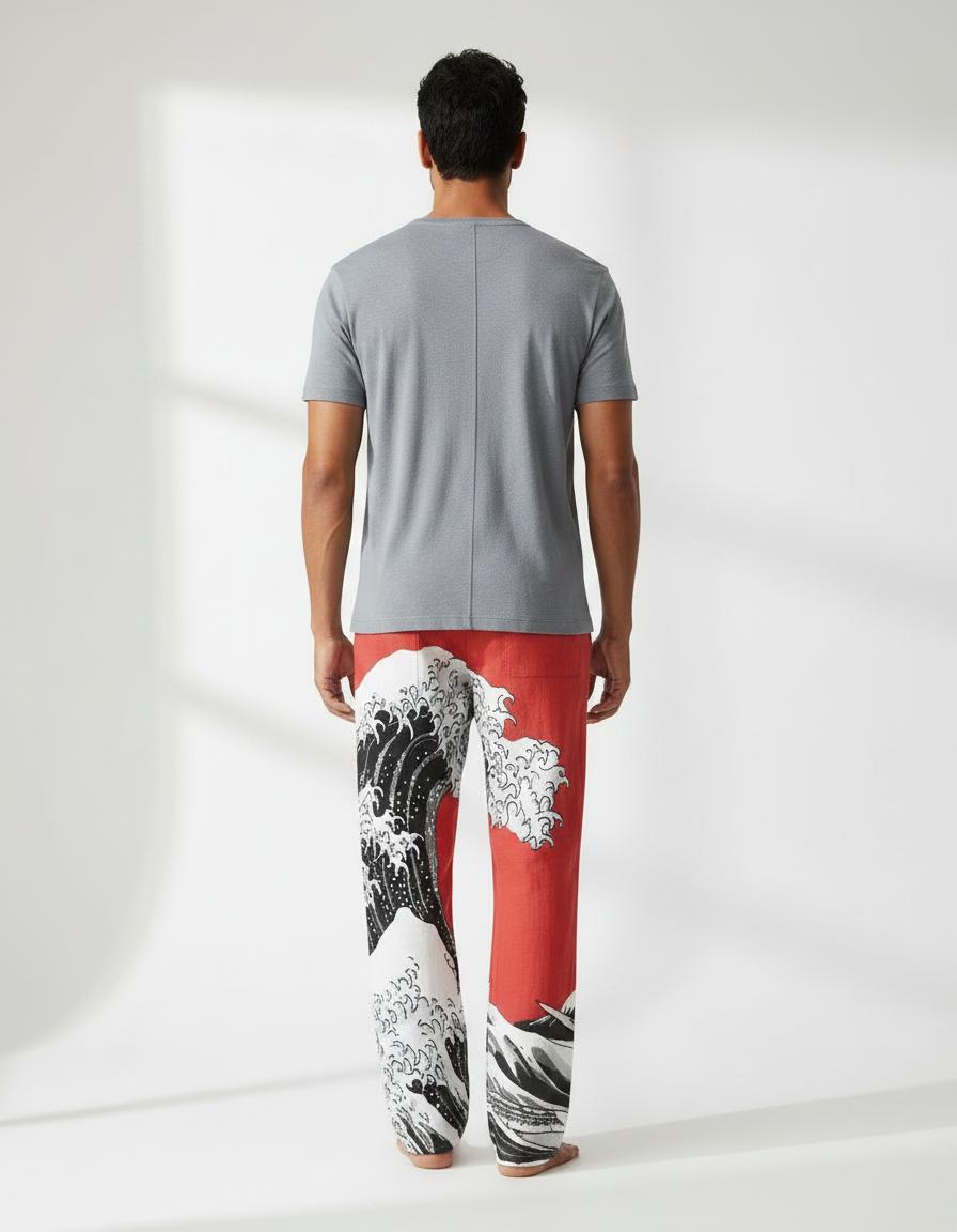 Pantalon Fluide Rouge Vagues Japonaises Ample Homme - Lin - vue 2