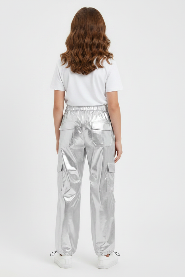 Pantalon Fluide Argenté Métallisé Cargo Brillant Fille - Polyester - vue 2