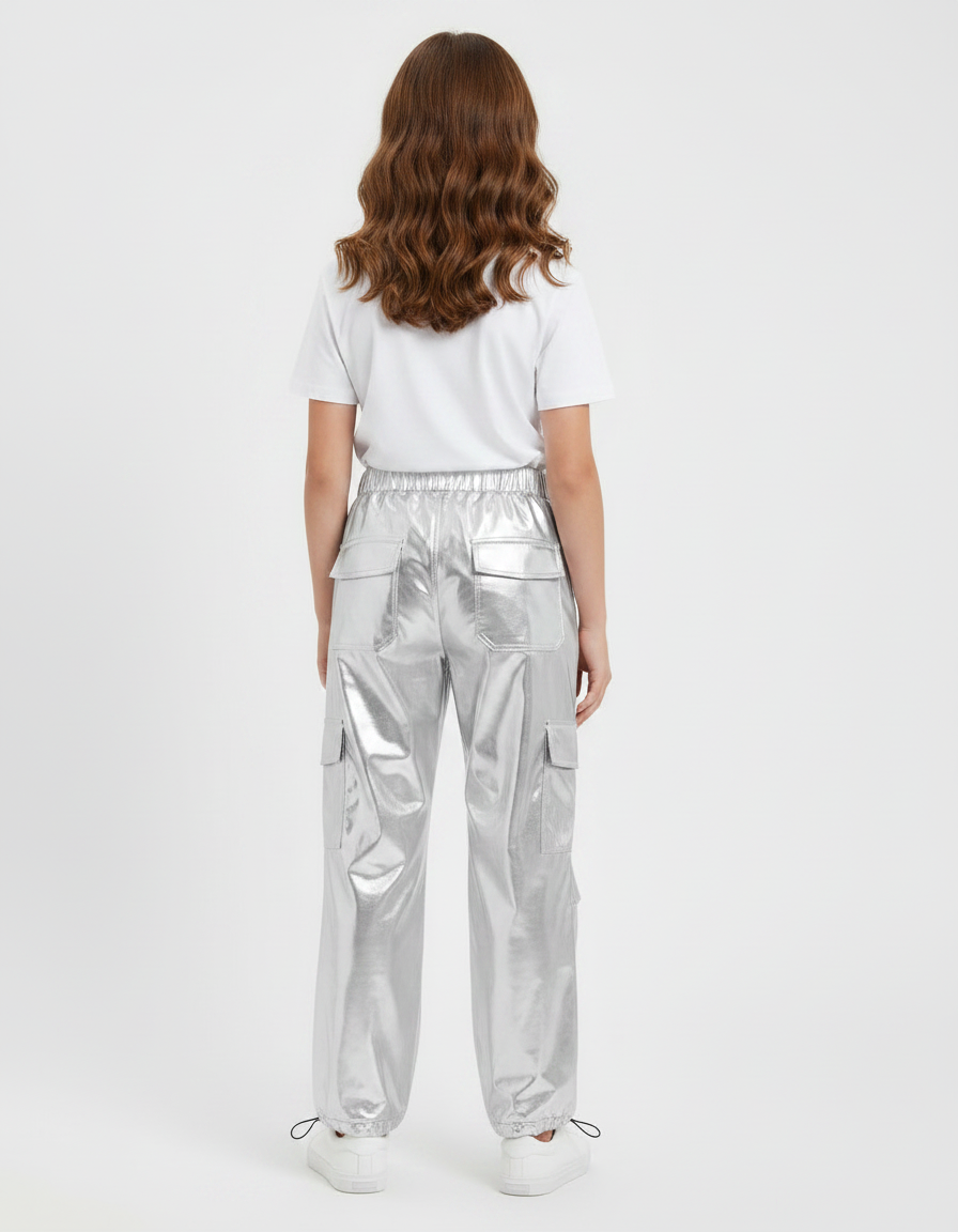 Pantalon Fluide Argenté Métallisé Cargo Brillant Fille - Polyester - vue 2