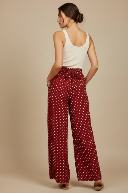 Pantalon Fluide Rouge À Pois Ample Décontracté Femme - Bordeaux Viscose - vue 2