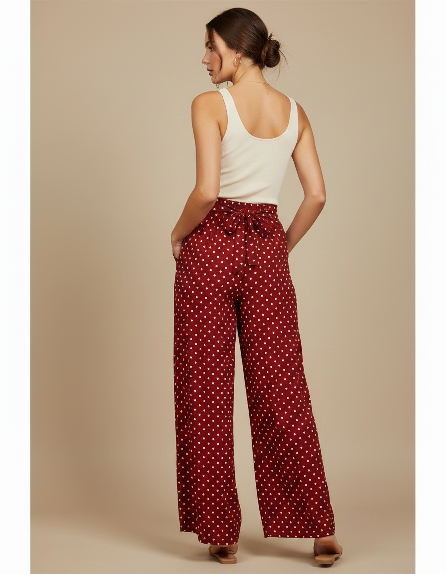 Pantalon Fluide Rouge À Pois Ample Décontracté Femme - Bordeaux Viscose - vue 2