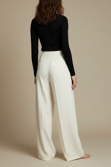 Pantalon Fluide Écru Ample Taille Haute Élégant - Beige Viscose - vue 2
