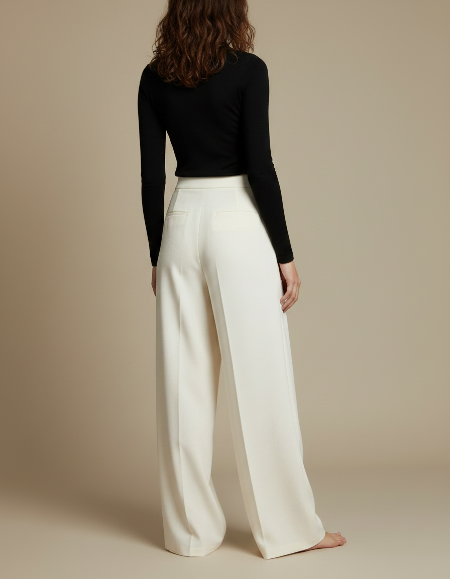 Pantalon Fluide Écru Ample Taille Haute Élégant - Beige Viscose - vue 2