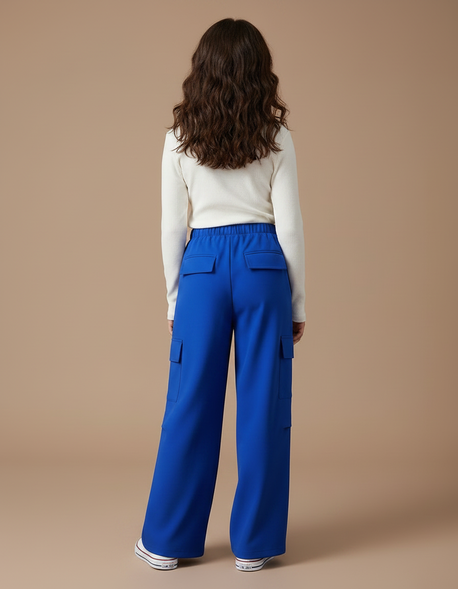 Pantalon Fluide Bleu Royal Cargo Ample Poches - Polyester - vue 2