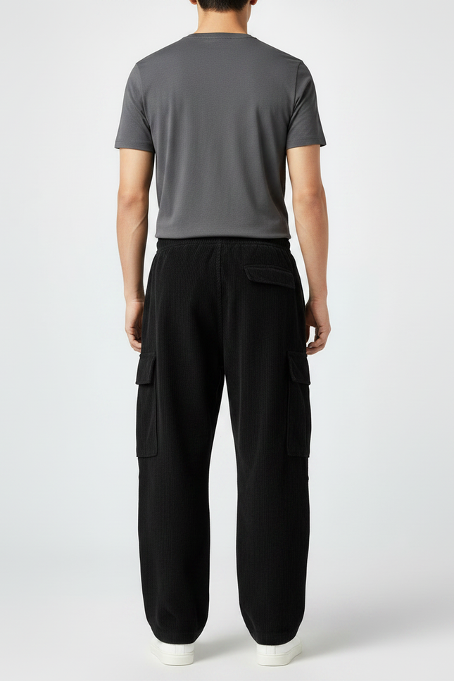 Pantalon Fluide Noir Ample Cargo Côtelé Homme - Cordé - vue 2
