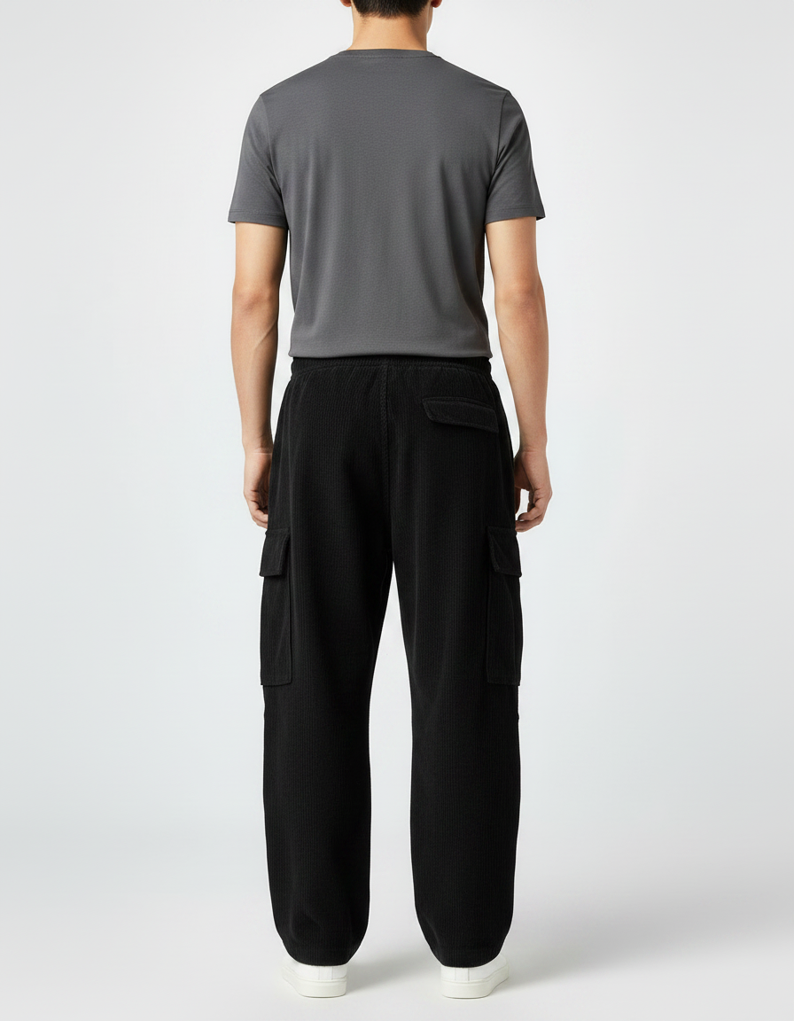 Pantalon Fluide Noir Ample Cargo Côtelé Homme - Cordé - vue 2