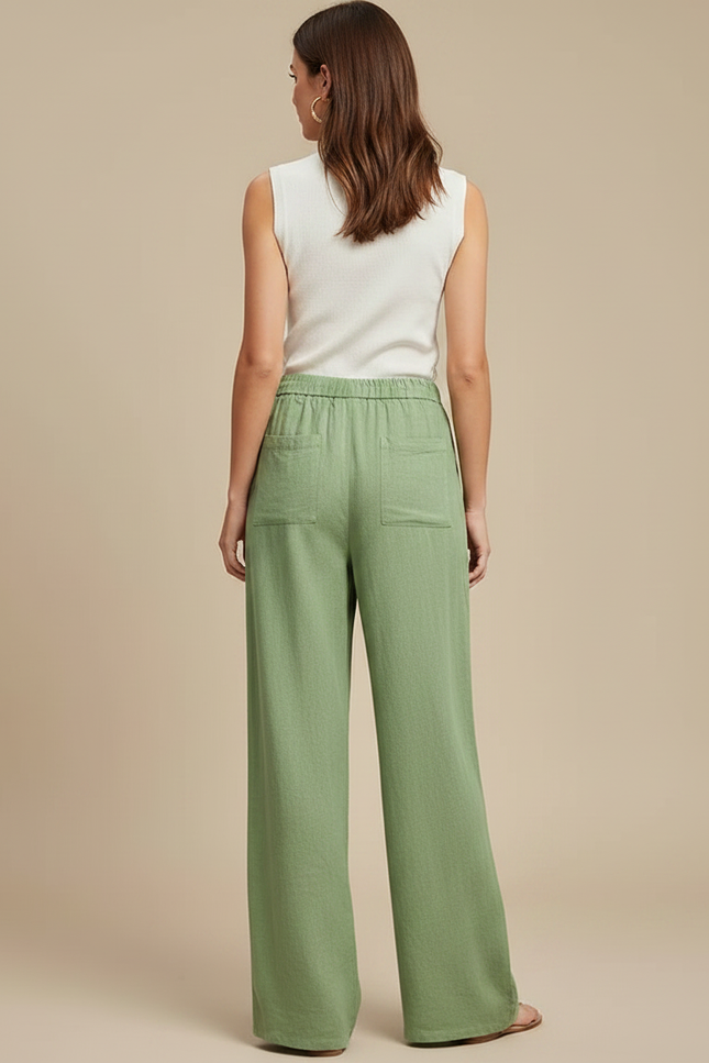 Pantalon Fluide Vert Ample Coton Ceinture Nouée - Lin - vue 2
