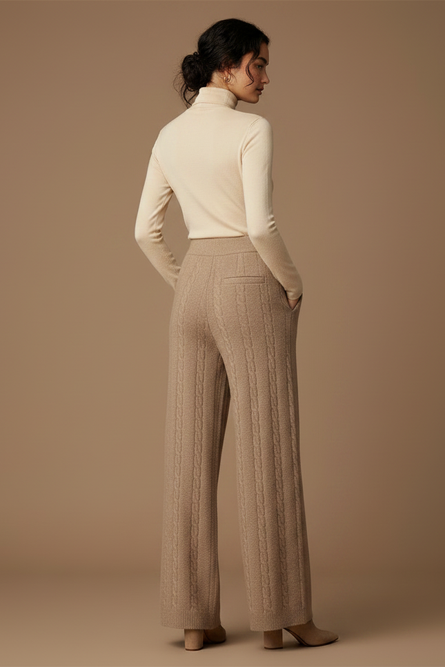 Pantalon Fluide Beige Maille Câblée Laine Mérinos Ample - vue 2