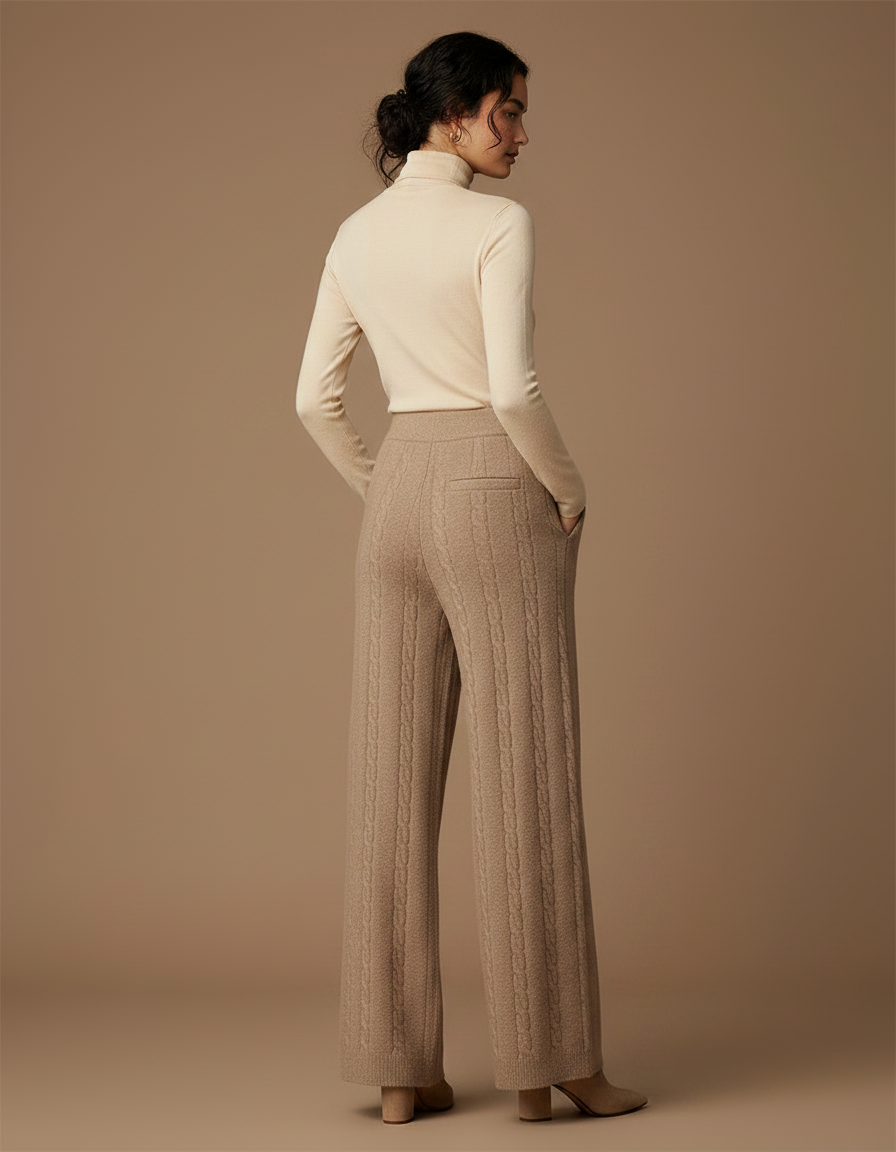 Pantalon Fluide Beige Maille Câblée Laine Mérinos Ample - vue 2