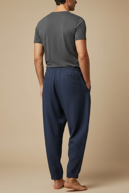 Pantalon Fluide Coton Lin Bleu Marine Ample Décontracté Homme - vue 2