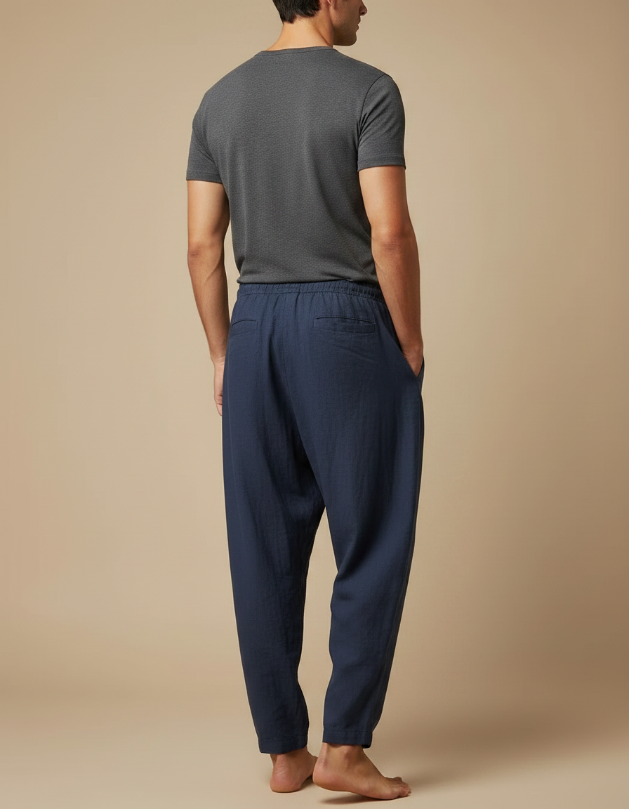 Pantalon Fluide Coton Lin Bleu Marine Ample Décontracté Homme - vue 2