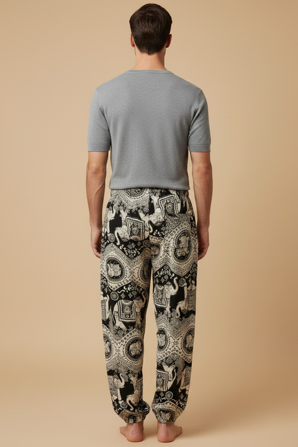 Pantalon Fluide Noir Imprimé Éléphants Ample Coton Homme - vue 2