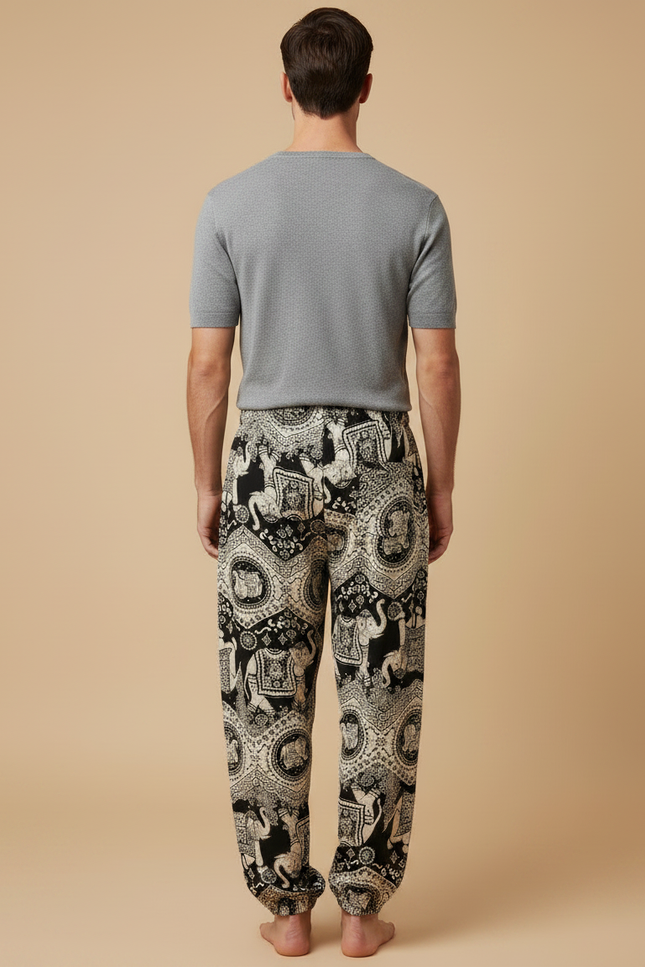 Pantalon Fluide Noir Imprimé Éléphants Ample Coton Homme - vue 2