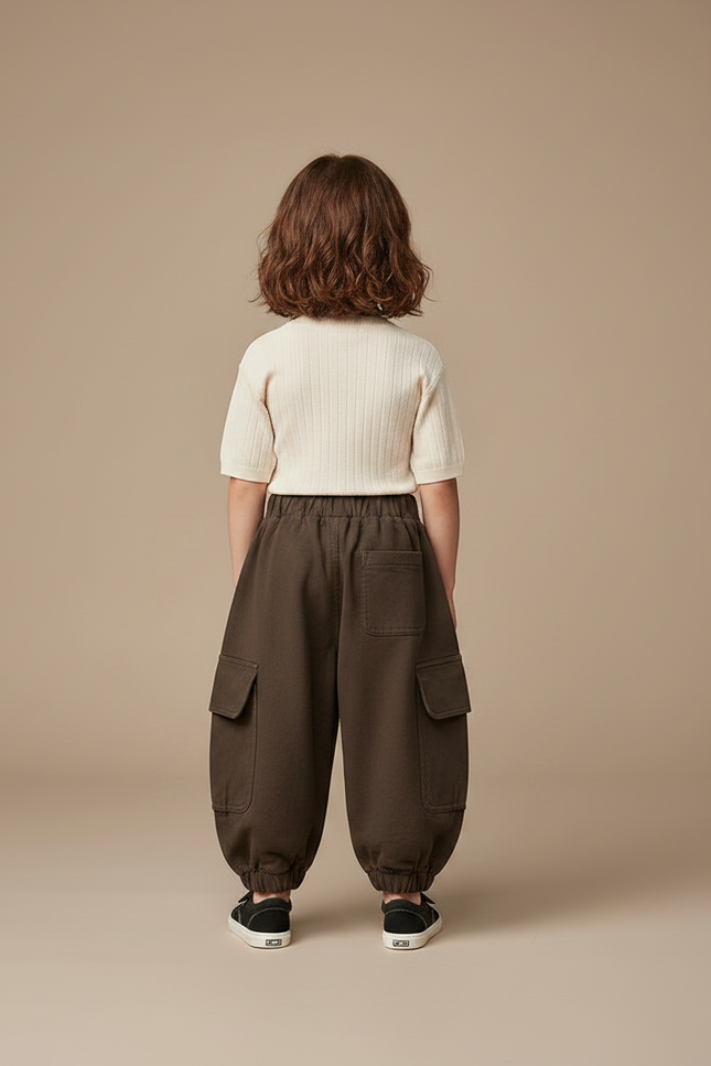 Pantalon Fluide Cargo Vert Ample Coton Enfant - Kaki Molleton - vue 2