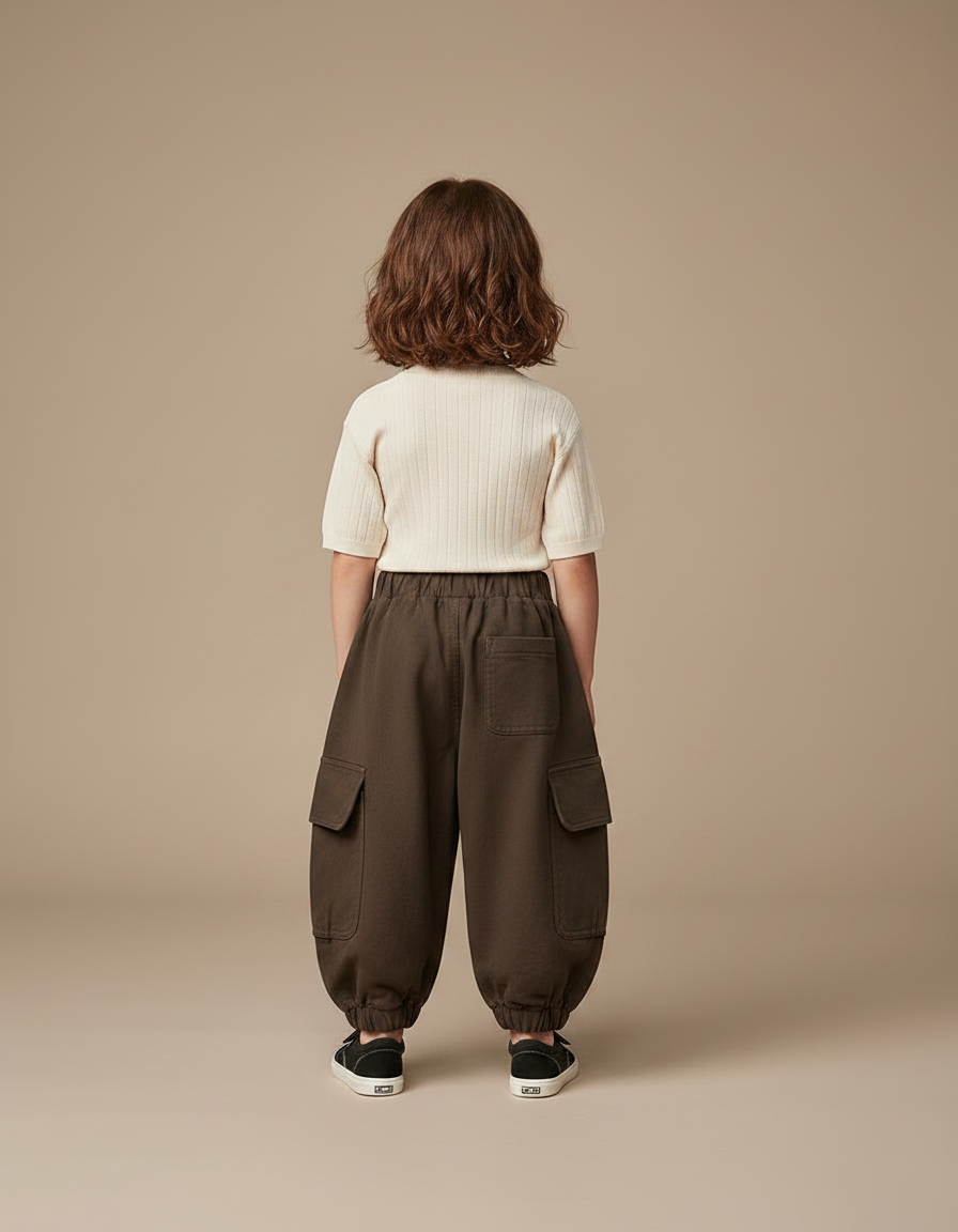 Pantalon Fluide Cargo Vert Ample Coton Enfant - Kaki Molleton - vue 2
