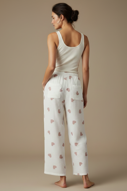 Pantalon Fluide Blanc Coton Cœurs Ample Confortable - vue 2
