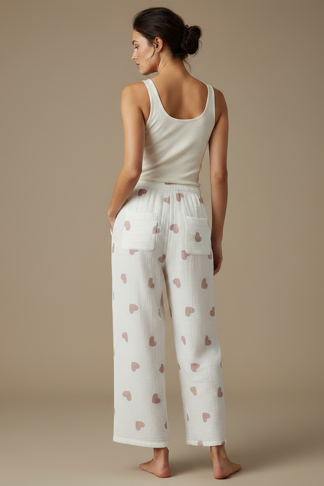 Pantalon Fluide Blanc Coton Cœurs Ample Confortable - vue 2