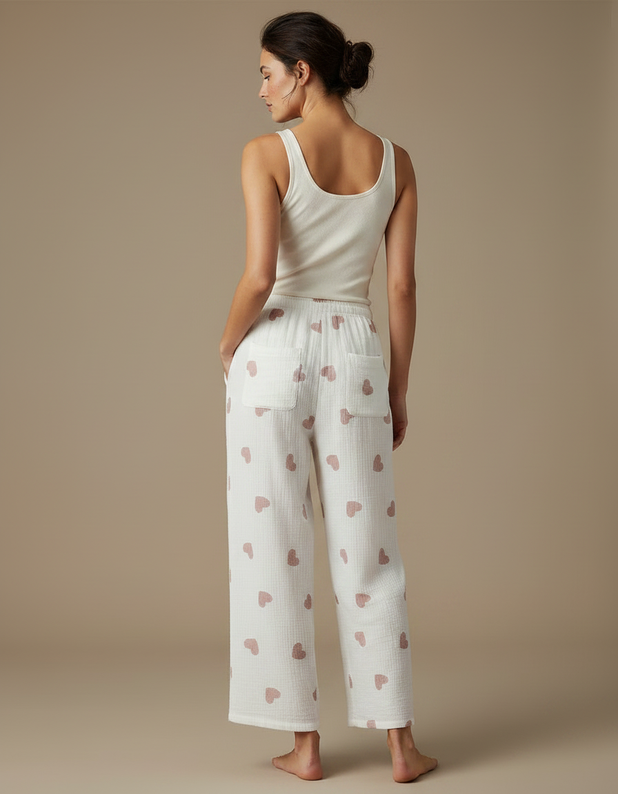 Pantalon Fluide Blanc Coton Cœurs Ample Confortable - vue 2