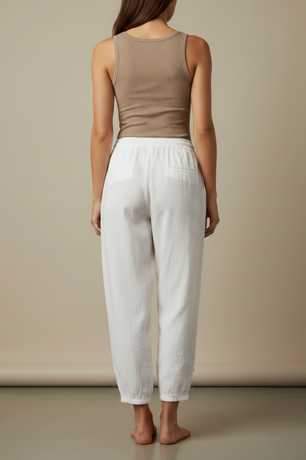 Pantalon Fluide Blanc Ample Coton Lin Boutonné Décontracté - vue 2