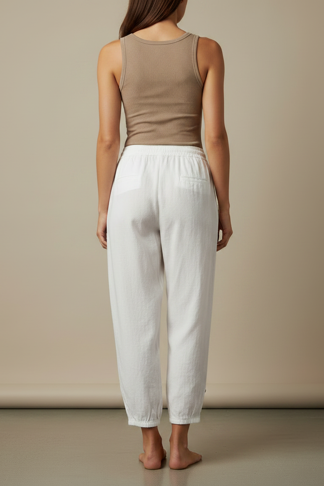 Pantalon Fluide Blanc Ample Coton Lin Boutonné Décontracté - vue 2