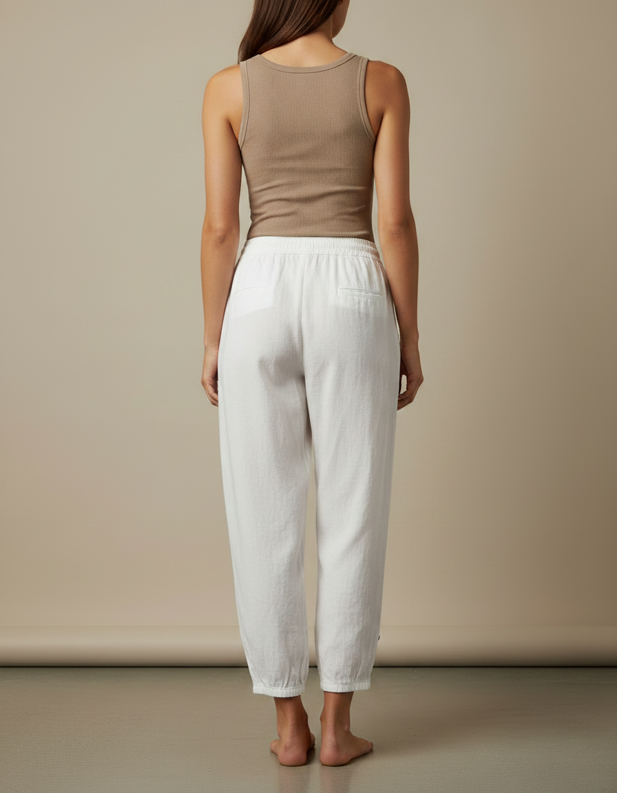 Pantalon Fluide Blanc Ample Coton Lin Boutonné Décontracté - vue 2
